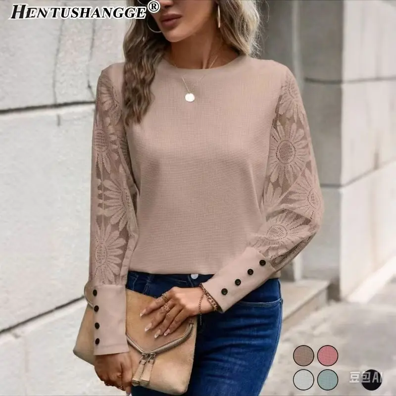 

2025 Autumn Solid Color Long-sleeved Embroidered Lace Splicing Crew Neck Top Europe and America