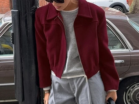 

2025 Autumn Winter New Vintage Wine Red Woolen Coat Women Short Casual Lapel Jacket Top