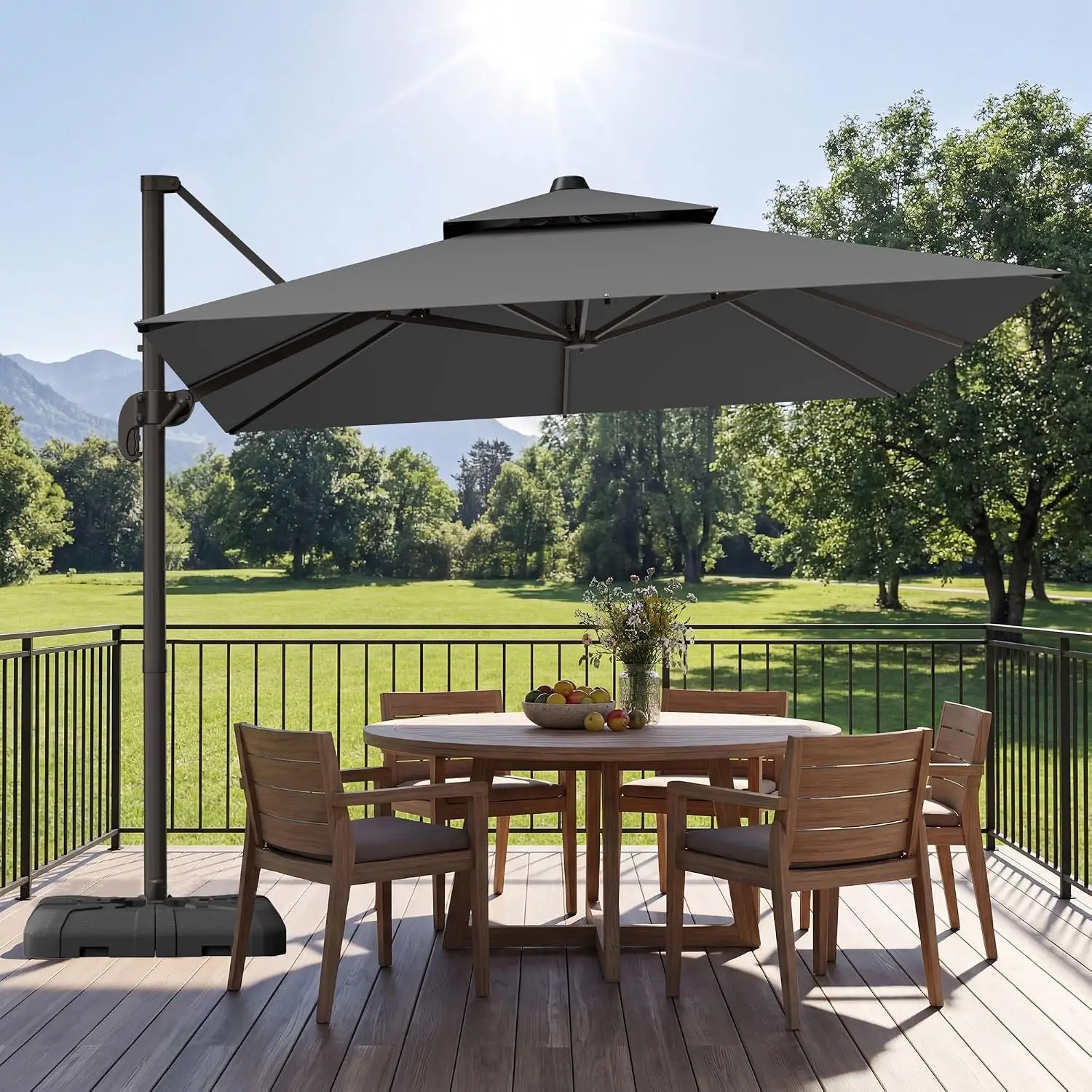 10x10FT Offset Cantilever Patio Umbrella with Matching Base, Outdoor Heavy Duty Sun Umbrella, 7 Adjustable Tilts, Customized