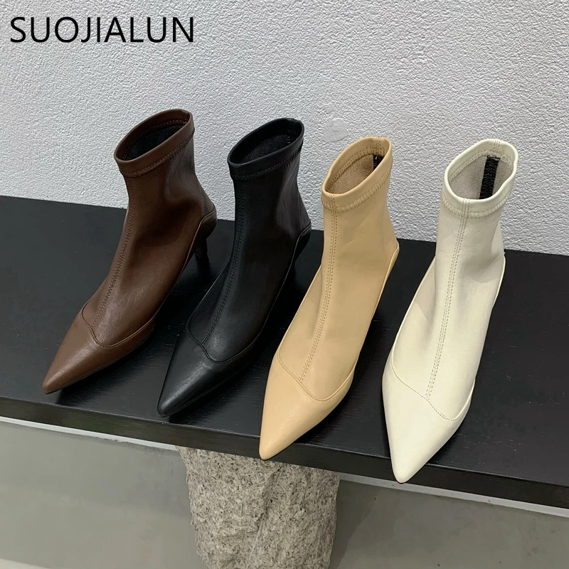 SUOJIALUN Winter New Thin Low Heel Women Ankle Boots Fashion Pointed Toe Slip On Chelsea Boots Shoes Soft Leather Short Boots