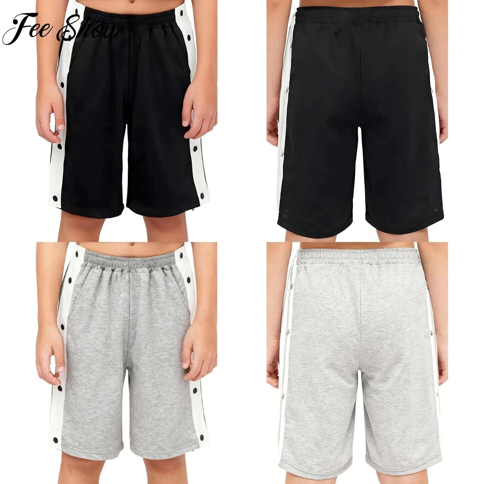 Adults Mens Side Press Buttons Tear-Away Shorts Stretchy Basketball Shorts Sports Bottoms for Running Cycling Jogging Workout