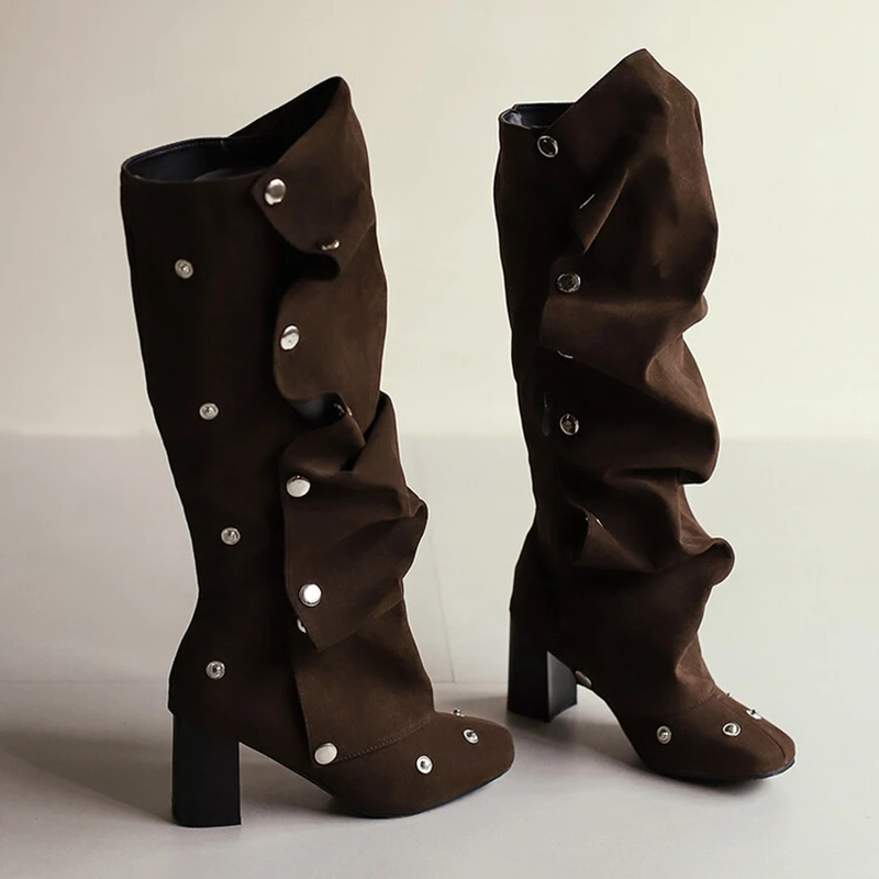 

Reave Cat Brand Pleated Button Knee Boots 7cm Block Heel Round Toe Blue Black Big Size 44 45 46 47 48 US15 US16