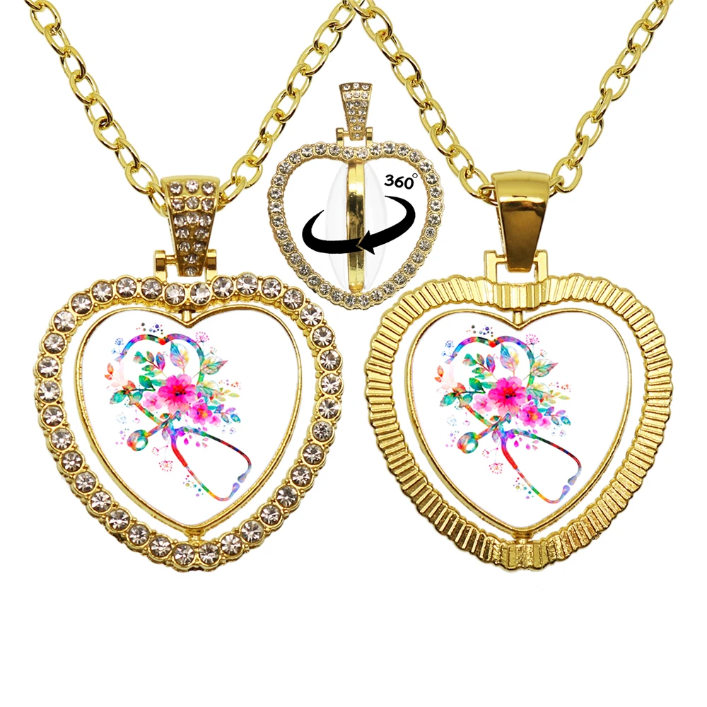 Fashion Glass Cabochon 360 Degree Rotating Heart Shaped Pendant Nurse Double Sided Necklace For Women's Gift Jewelry