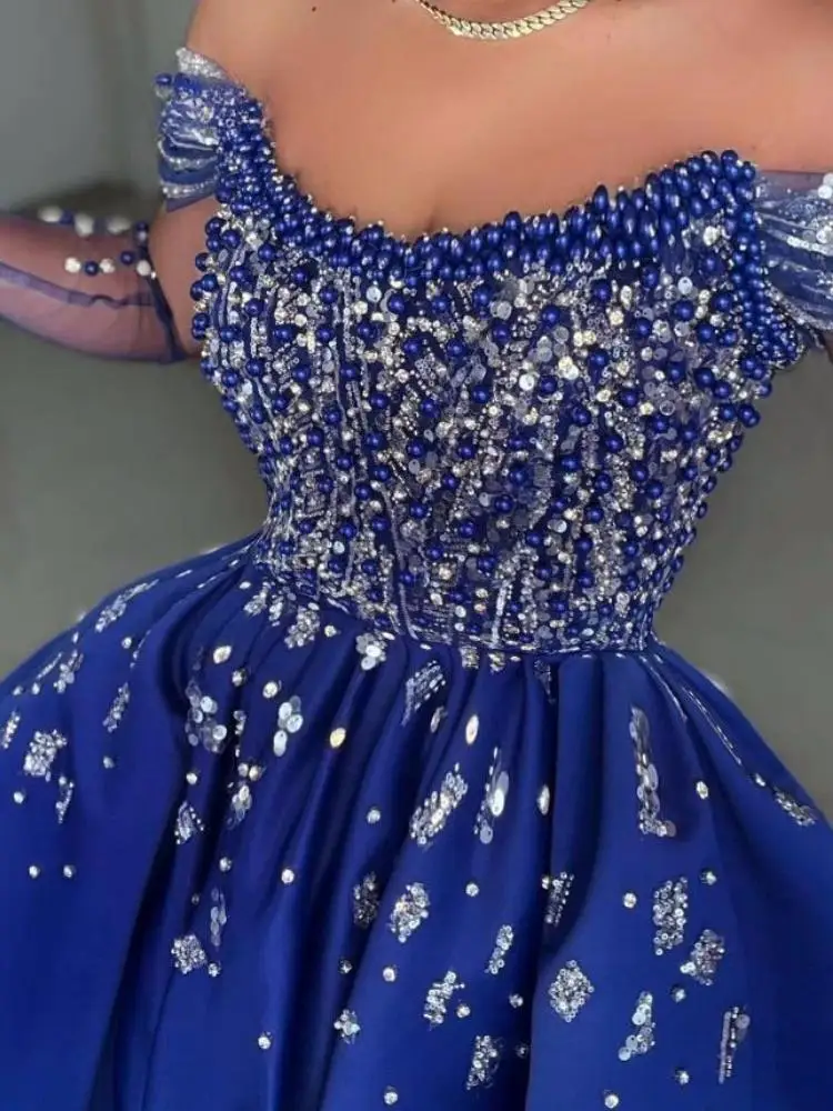 Customized Luxury Blue Beaded Prom Dress Off Shoulder Pearls Crystal Satin Slit Party Special Occasion Dress Formal Evening Wear