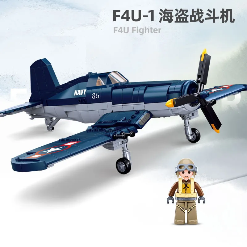 550PCS WW2 Pacific Storm Military Weapon F4U-1 Pirate Fighter Building Blocks Air Force Model Bricks Plane Soldier Toys For Kids