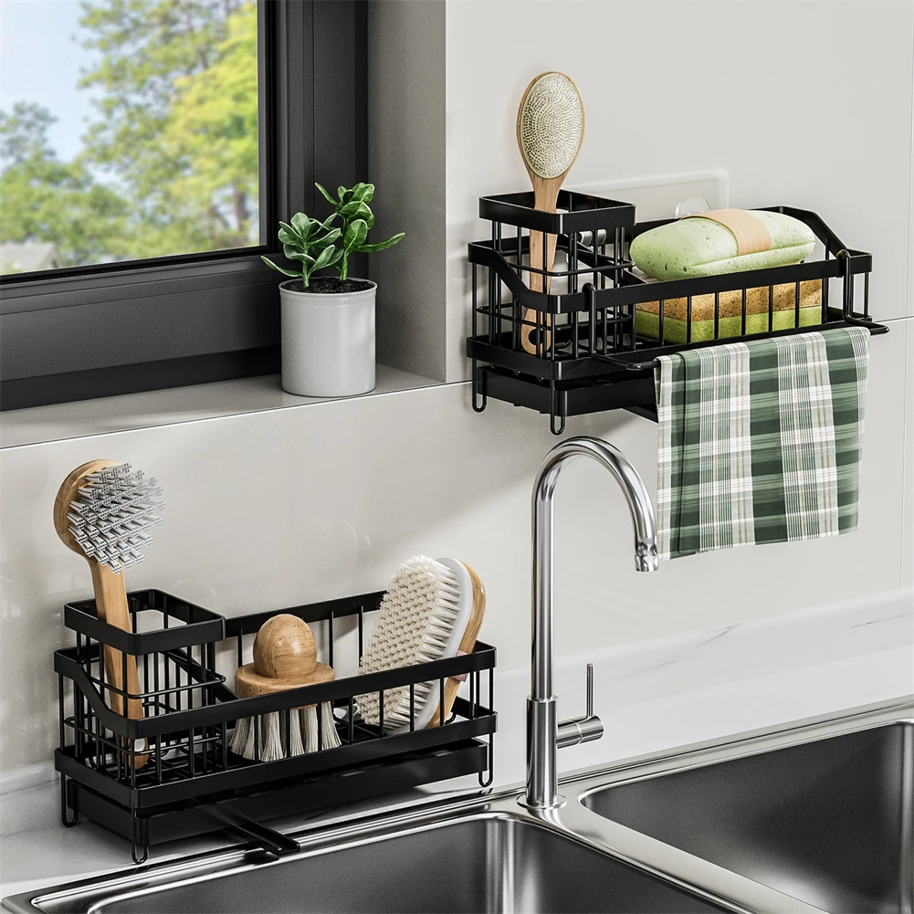 Brush Holder Drain Rack Home Cleaning Black Convenient Brush And Sponge Rack Accessory Countertop Organization