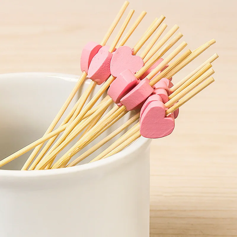 50Pcs/set Red Heart Fruit Sticks Disposable Bamboo Sticks Wedding Party Supplies Bridal Shower Girls Birthday Party Decor