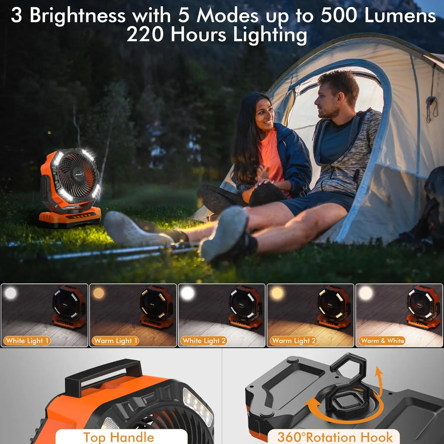 Camping Fan, Battery Operated Fan with Light & Remote, 12" Portable Outdoor Fan, Auto Oscillating Battery