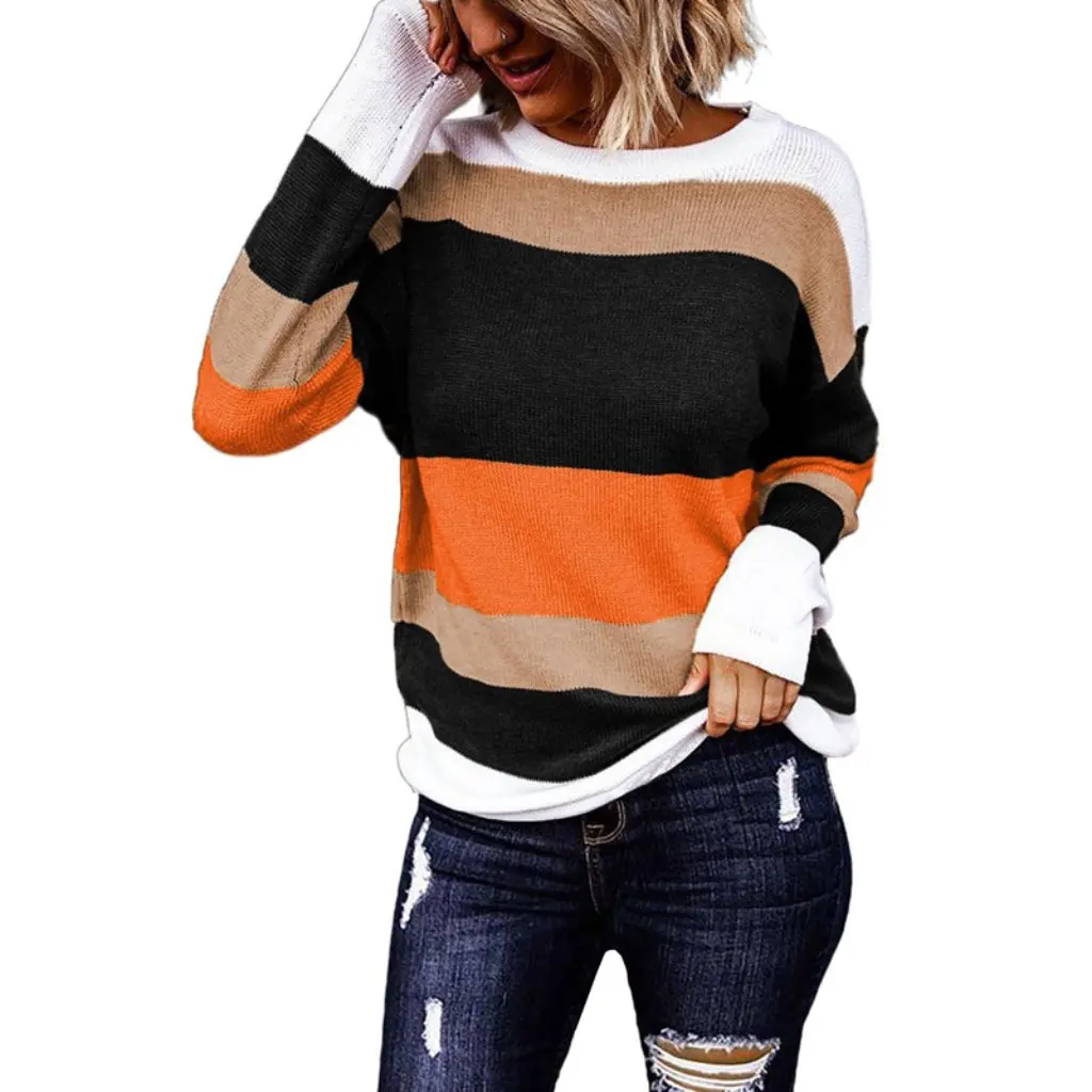 

Women's round Neck Long-Sleeved T-Shirt Autumn Leopard Print Knitwear Top Loose Fashionable Lazy Style Pullover with Stripes