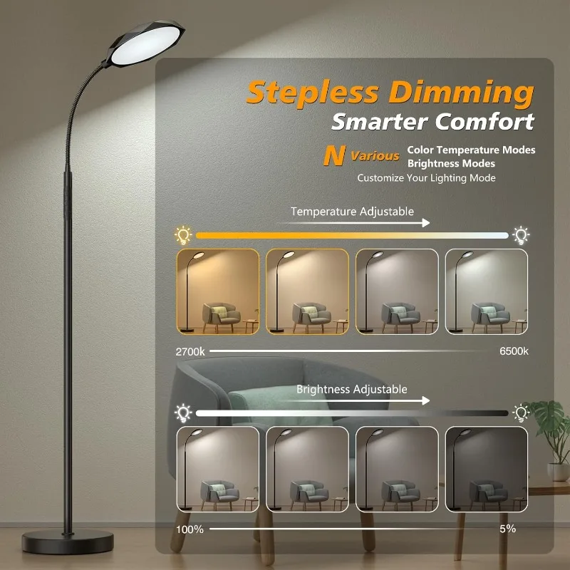 Floor Lamp, 18W Bright LED Floor Lamps Stepless Adjustable Colors & Dimmer Standing Lamp with Timer, Remote & Touch Control