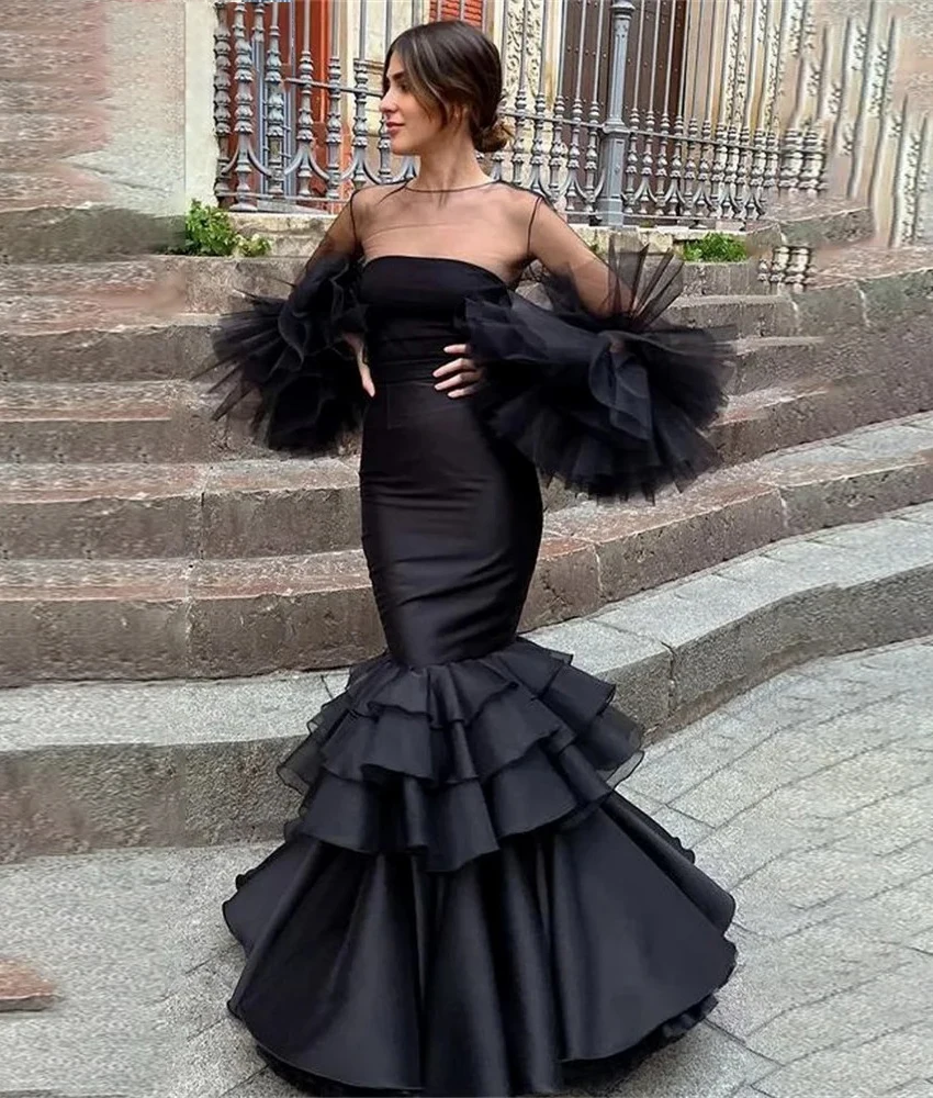 

MCDV Customized Fashion Satin Mermaid Ruffles Tiered Evening Dress Temperament O-neck Long Sleeves Floor Length Party Gowns