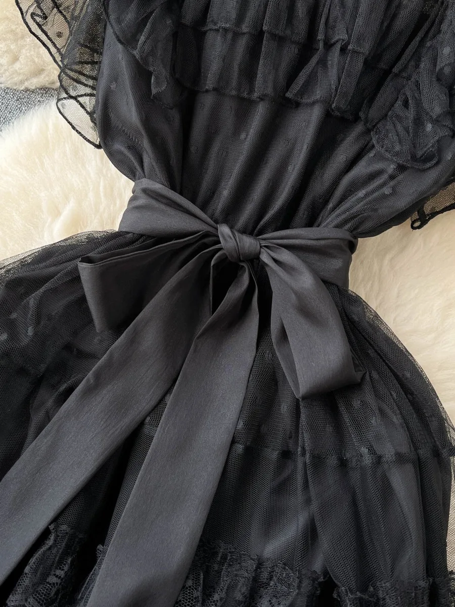 Vestido largo de malla con volantes de encaje para mujer, traje elegante Retro de corte en A, manga corta, informal, cintura alta, verano, negro