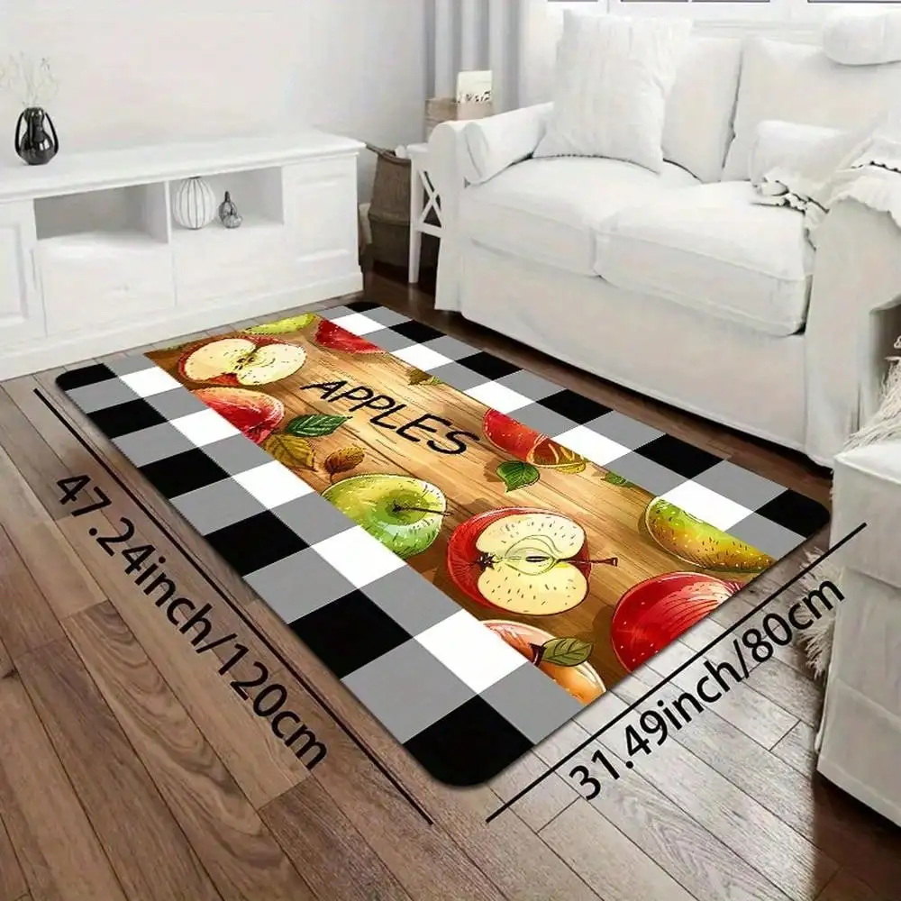 Farmhouse Apple Door Mat - Red Fruit Kitchen Rug, Black and White Plaid Entrance Mat, Country Style Floor Mat, Multiple Sizes