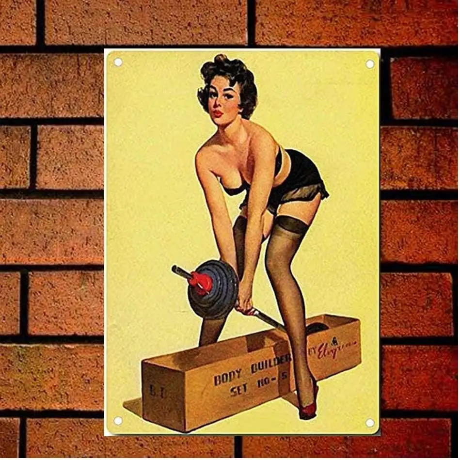 Pin-Up-Girl mit Gewichten Retro-Metallschild Wanddekoration