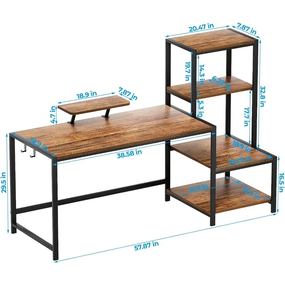 58-Inch Large Office Desk with Printer Shelf, Reversible Workstation, Monitor Stand and Hooks for Home Use