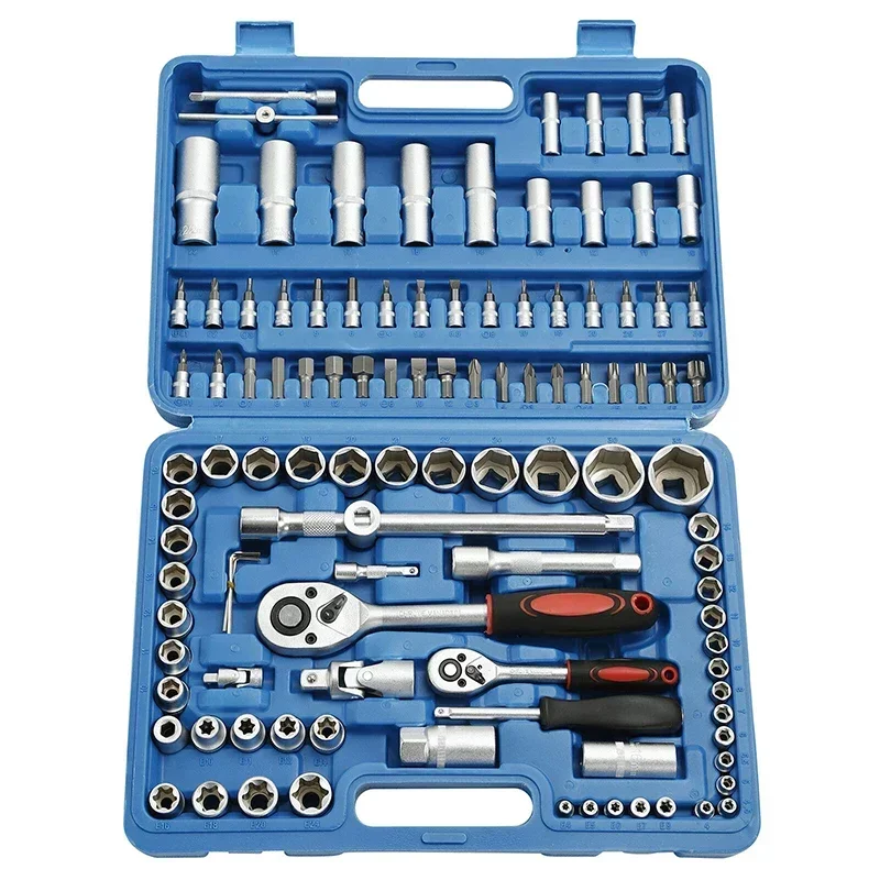 108Pcs Mechanics Tool Set Kit 6-Point Socket Ratchet Wrench Repair Toolset Case Hex Bit Socket Adapter Head Torque Spanner