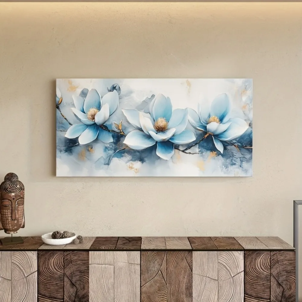 

Large blue floral canvas wall art, 1.5 inches thick, vintage-style decor, watercolor blue petals on green stems