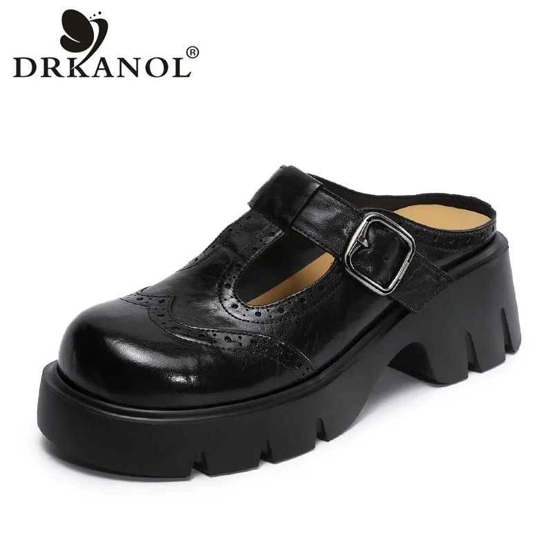 DRKANOL Women Thick High Heel Slippers 2026 Summer Round Toe Genuine Leather Brogue Slingback Shoes Black Outside Casual Slides