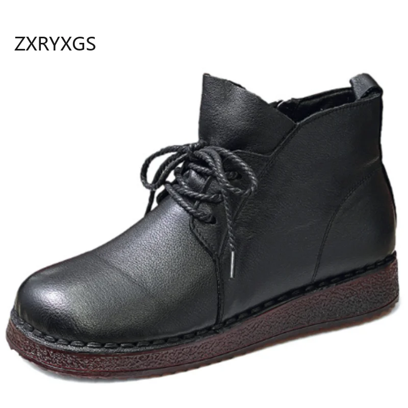 

ZXRYXGS Женские ботинки из воловьей кожи с верхним слоем на боковой молнии, новинка 2025, осенне-зимняя обувь, модные повседневные ботинки на плоской мягкой подошве Tide