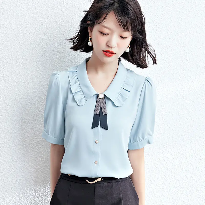 Women Summer Simplicity Bow Solid Color Peter Pan Collar Cardigan Short Sleeve Shirts Women Clothes Casual All-match Trend Tops