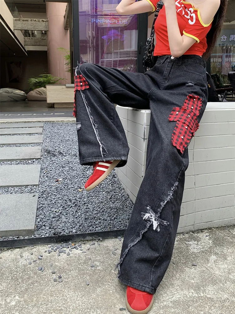 2024 Ropa Y2K Grunge Patchwork Baggy Ripped Stacked Jeans Pants Women Clothes Streetwear Black New Rock Straight Lady Trousers