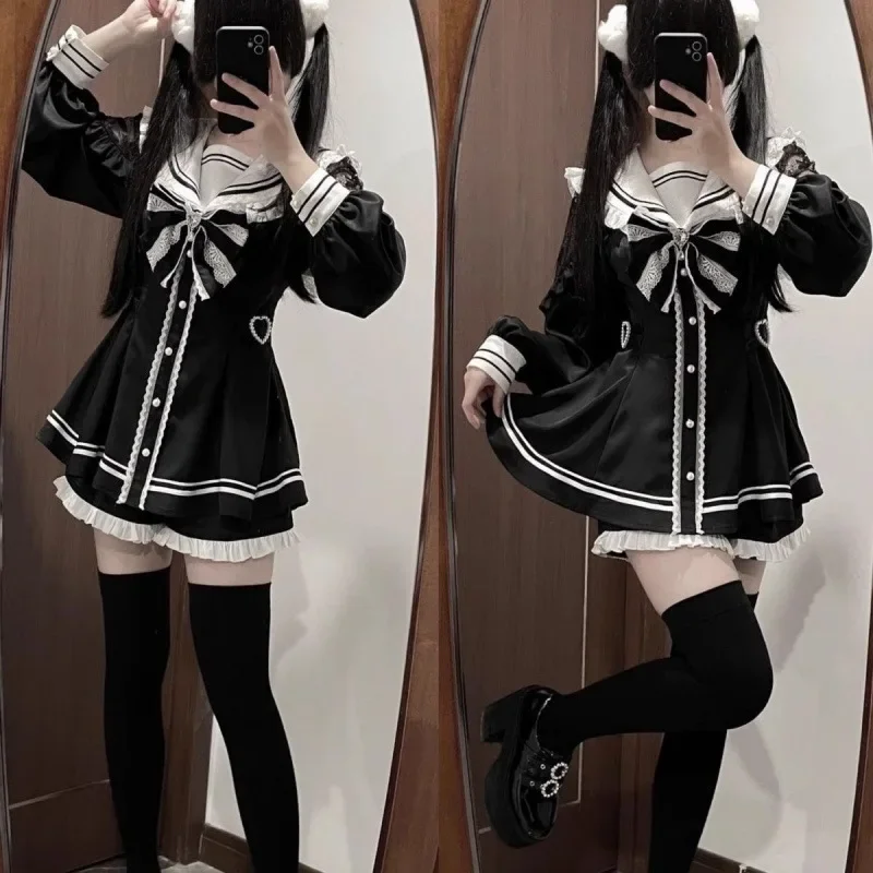 Girls Jirai Kei Cosplay Dress Woman Lace Patchwork Slim Fit Dresses JK School Uniform Japanese Sweet Inner Shorts Set