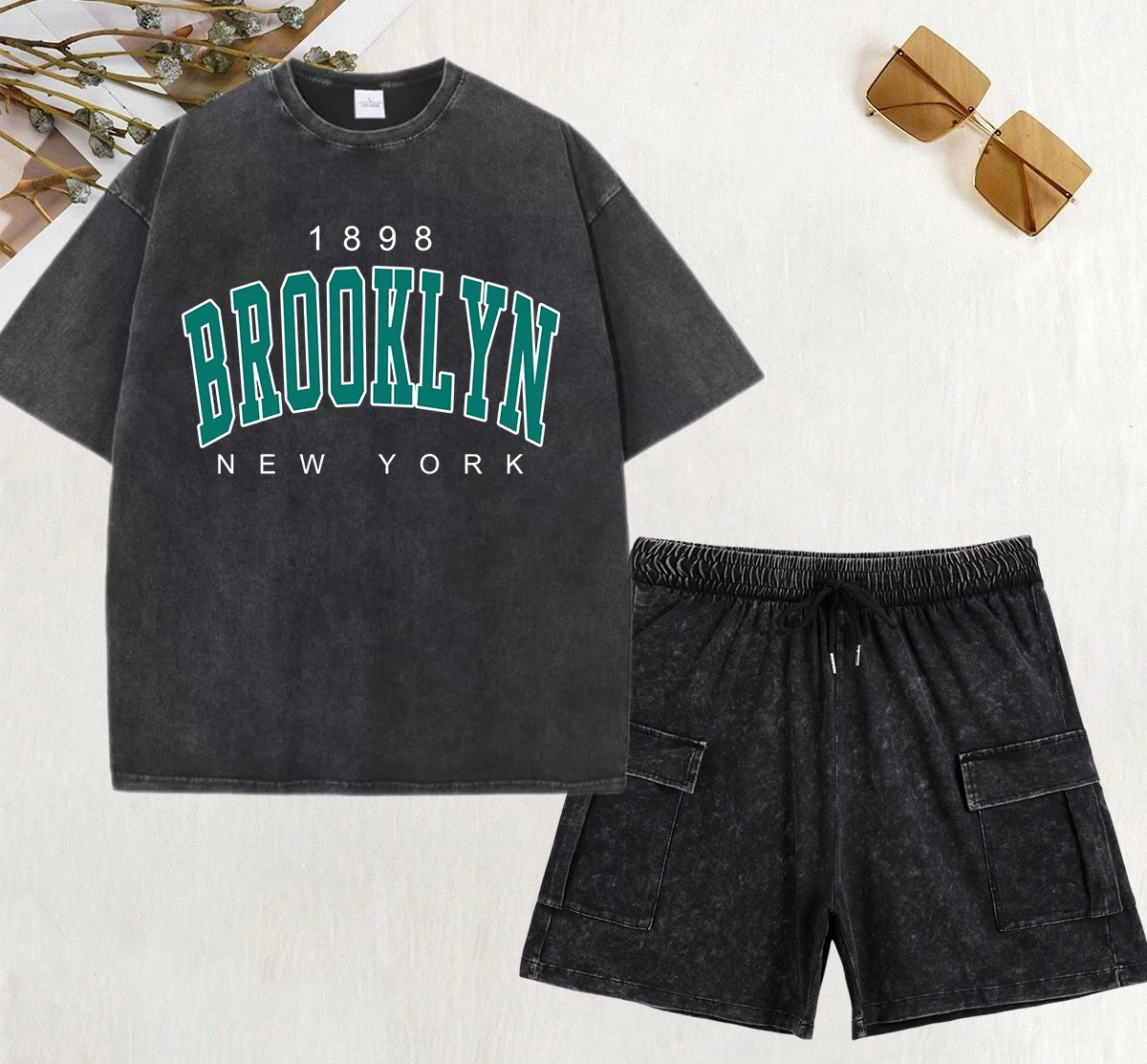 

New York Brooklyn Number 1898 Art Letter Print Washed T-Shirt Set Women Loose Y2K Set O-Neck Cool Pant Casual Summer T Shirt