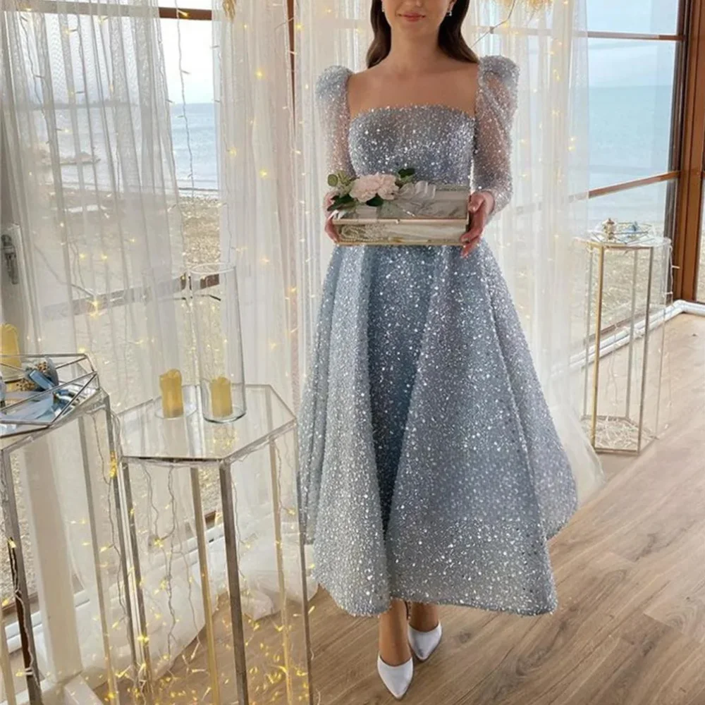 

Elegant Short Glitter Square Collar Sequin Prom Dresses Full Sleeves A Line Tea Length Vestidos Novias Boda