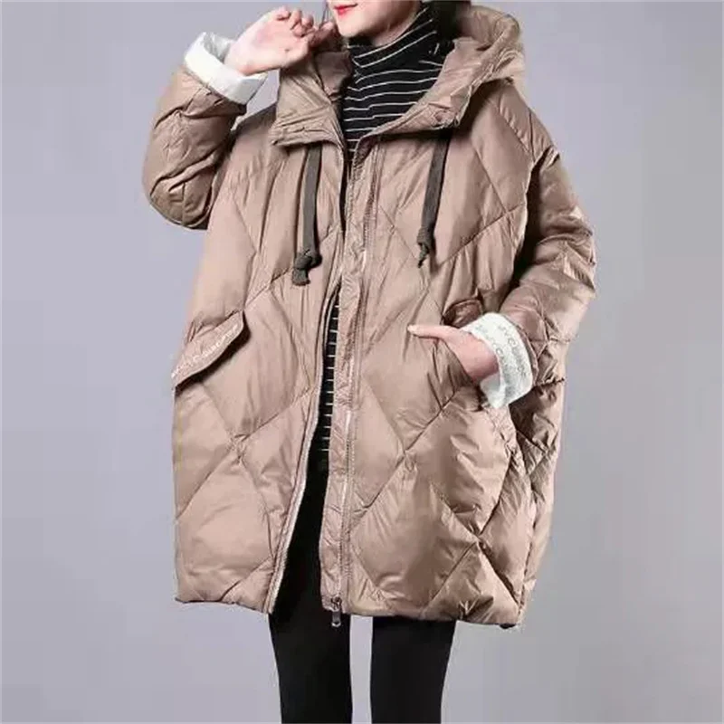 2023 Winter Coat Korean Loose Women\'s Md-Long Thick Parka Letters Print Warm Down Cotton Coat Cocoon Type Hooded Fleece Jackets