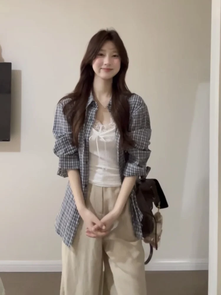 Korean Sle Long Sve Plaid Loose Women's irt Summer Versatile Lazy Sle Top Outerwear Sun Protection irt Blouse