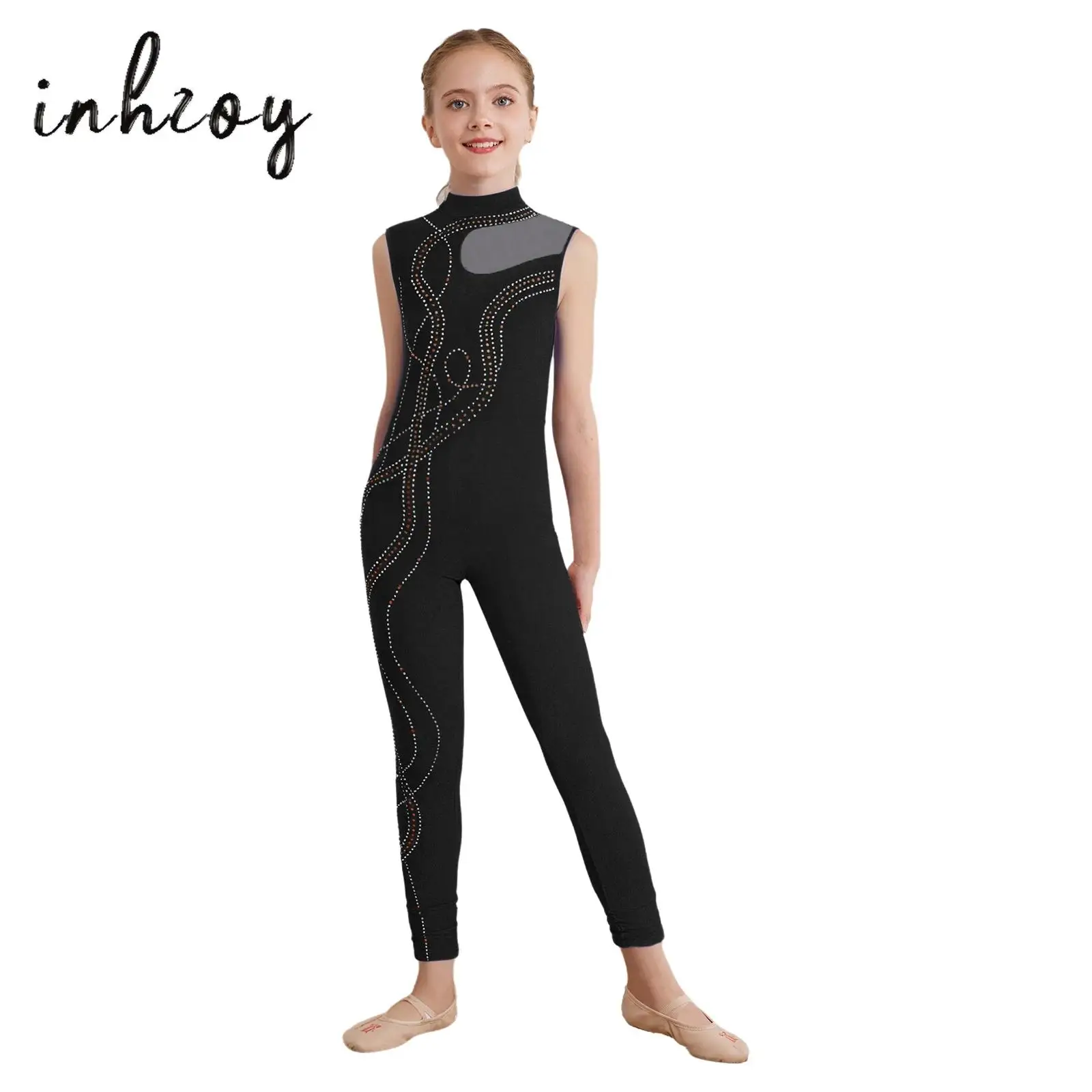 

Kids Girls Gymnastics Figure Skating Dance Workout Rompers Jumpsuit Shiny Rhinestones Sleeveless Sheer Mesh Full Body Bodysuit