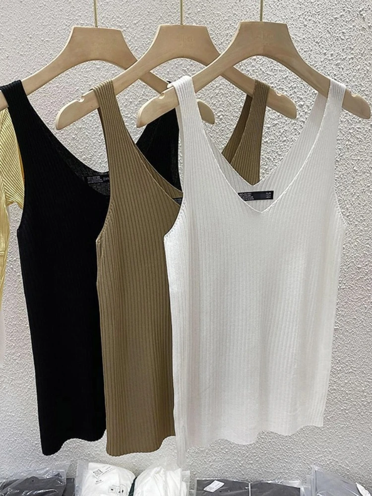 Zjaiss 2026 Summer Fashion Women Camisole Ice Silk Knit Tank Top Slim Fit Sleeveless Base Top Solid Color V-Neck Crop Top image 3