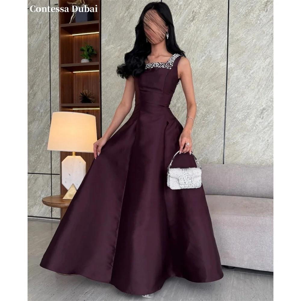 

Contessa Custom Burgundy A-Line Evening Dress Beading Square Collar Prom Dresses Satin Vestidos De Noche Luxury Formal Evening