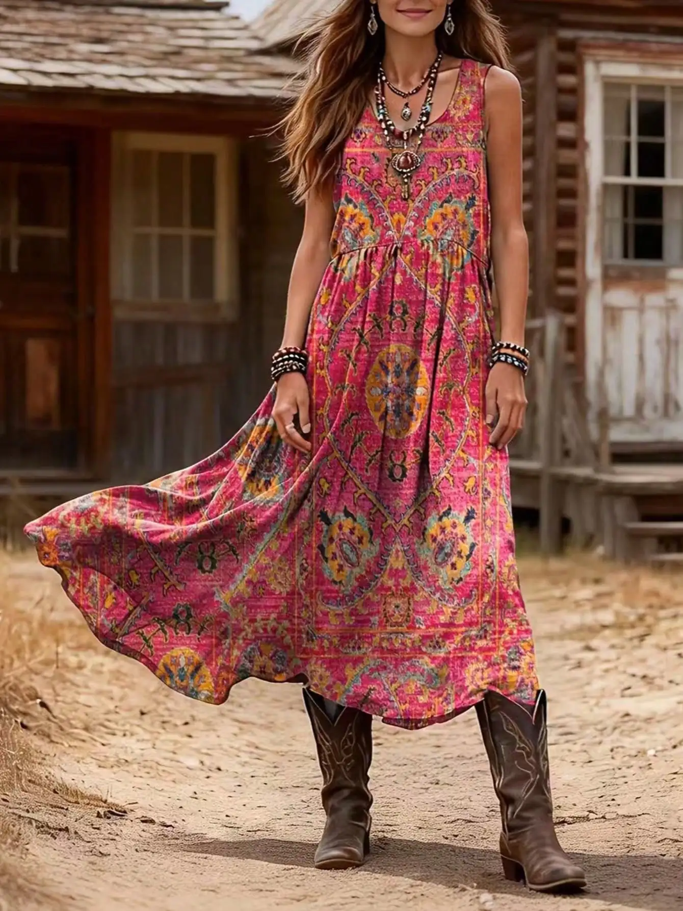 

Large size summer new style vintage Bohemian style printed round neck sleeveless dress for women