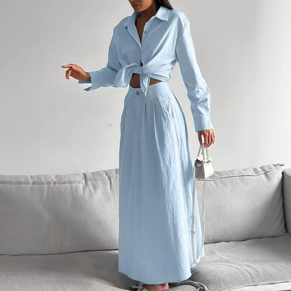 

Свободные синие хлопковые юбки для женщин, комплекты из 2 предметов, элегантная рубашка с длинным рукавом, длинные юбки с высокой талией, комплект женских костюмов, отпускной наряд