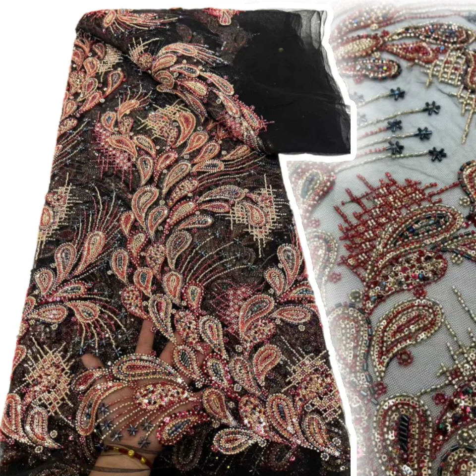 

African Lace Fabric Sequins Beaded Embroidery Groom Nigerian Bridal High Quality French Tulle Lace Fabric for Wedding Party 1278