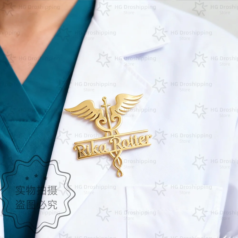 Custom Name Brooch The Caduceus Graphic Nameplate Pin Stainless Steel Jewelry Gift For Nurse Doctors For Healthcare Worker