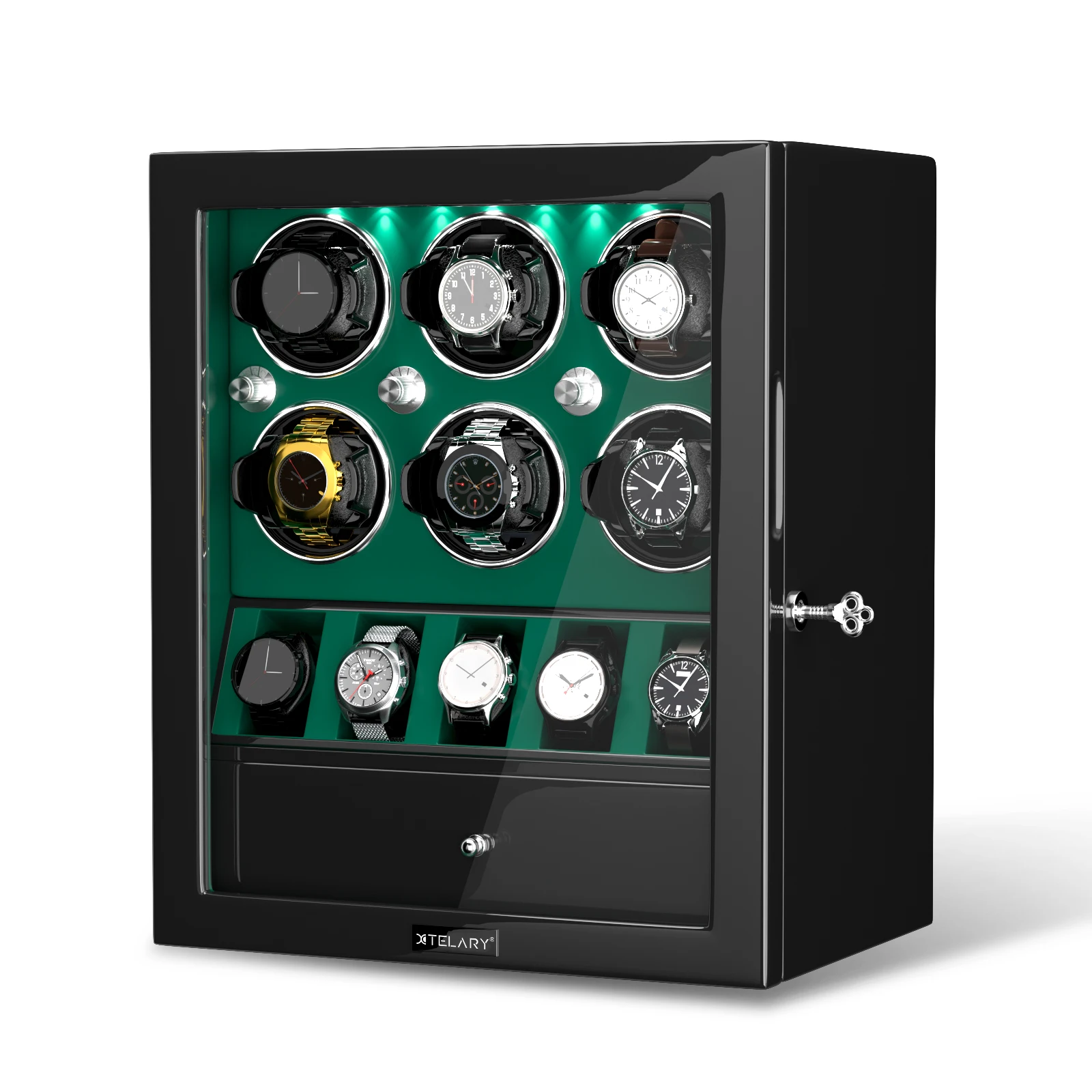 صندوق لف الساعة الأوتوماتيكي 6 فتحات مع منظم للساعة وإضاءة LED ومحرك Mabuchi الصامت