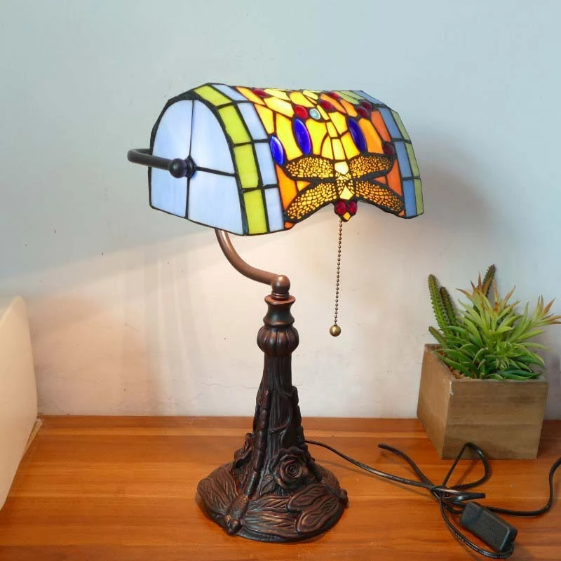

Antique Dragonfly Stained Glass Banker Table Lamp with Pull Chain Vintage Desk Bankers Light for Home Office