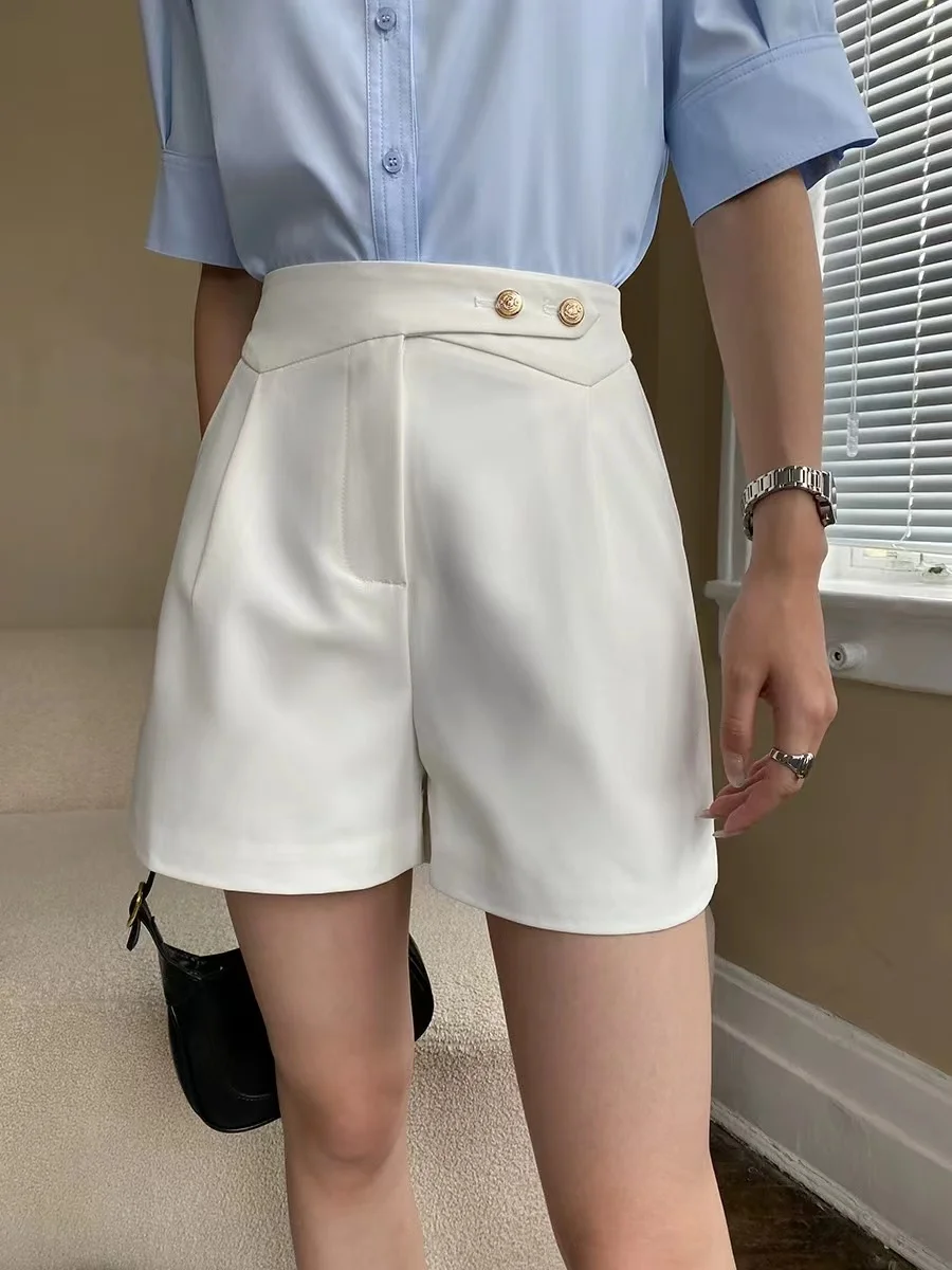 Tall Gold Buckle Shows Thin Commuting Wide Leg Suit Shorts Lady 2023 Summer Women's Knee Above High Waist Pants