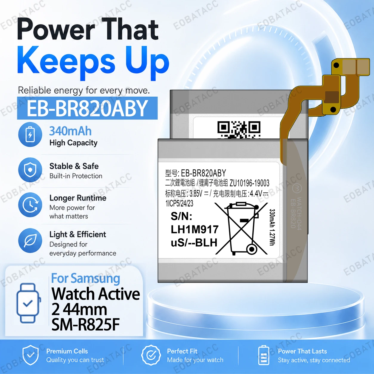Brand New 340mAh EB-BR820ABY Battery for Samsung Watch Active 2 44mm/SM-R825F battery Repair Tools Kit