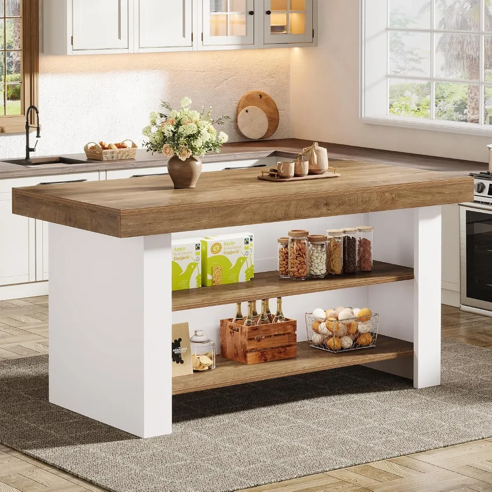 55-Inch Kitchen Island with Storage, Farmhouse Center Island Table for Kitchen, Dining Room, Living Room, Brown, Customized