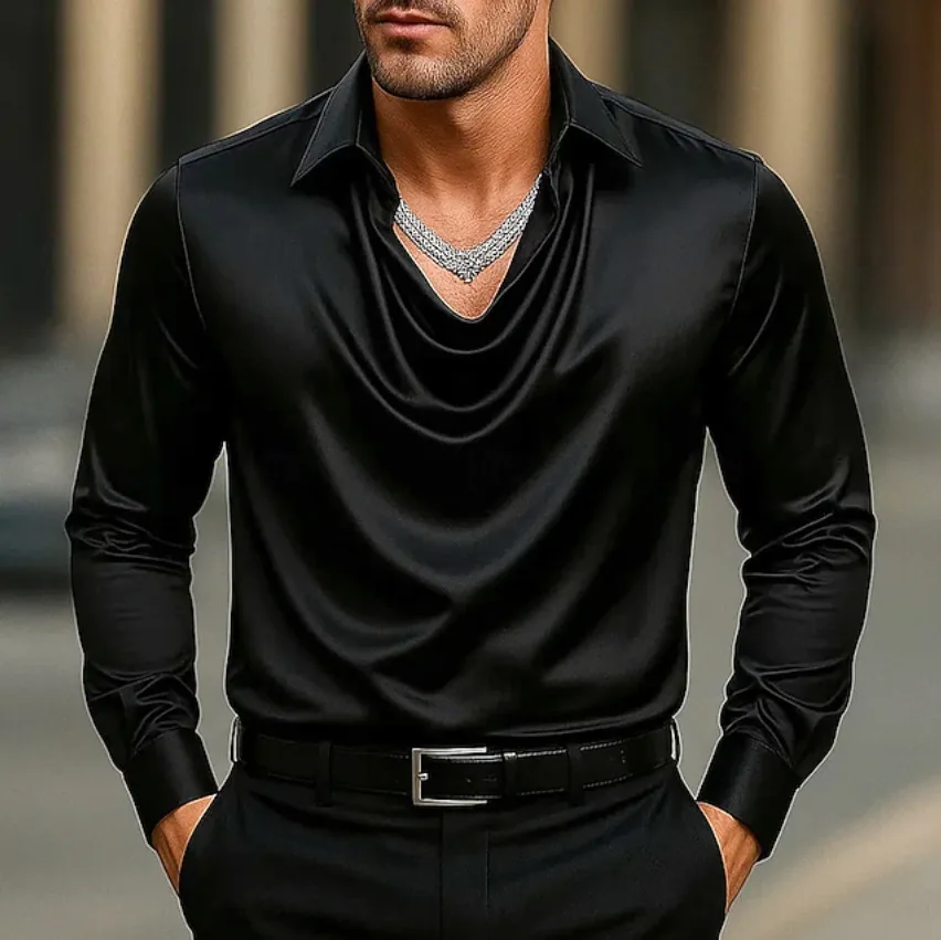 Men's Luxury Silk Satin Cowl Neck Shirt Elegant Draped Collar Long Sleeve Tops Formal Business Party Blouses For Men Multiple Co