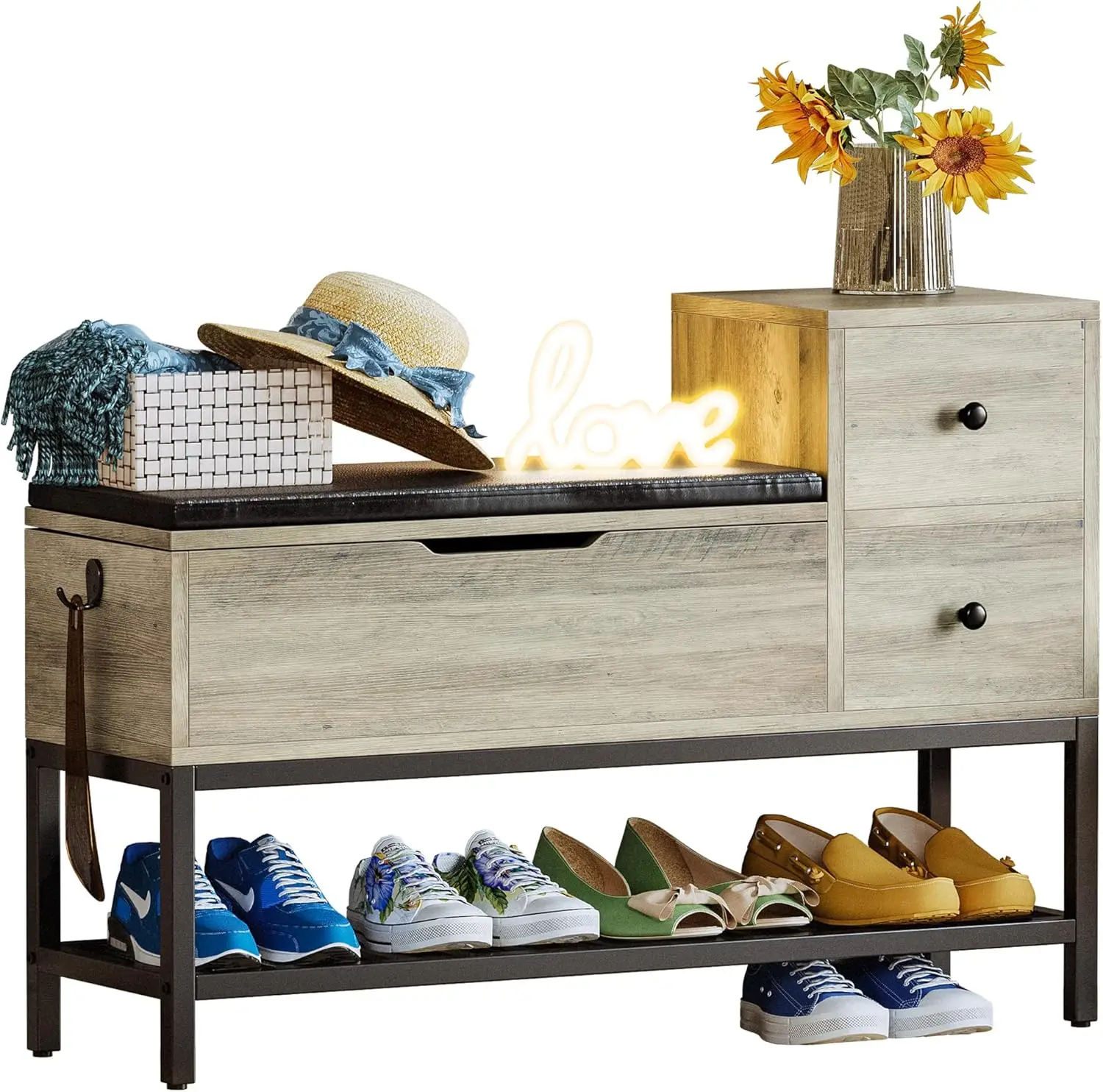 

Entryway Bench with Flip Top Box, 2 Drawers, Removable Cushion & Shoehorn for Hallway Storage (39.4in, Greige)