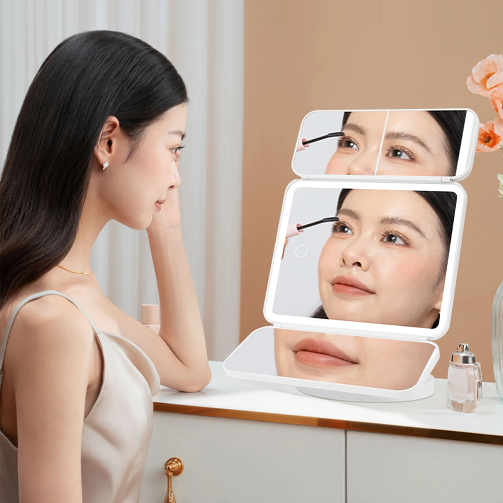 Hot Desktop LED Makeup Mirror Fill Light Magnifying Three-sided Folding Shell Mirror Rotating Storage Princess Dressing Mirror