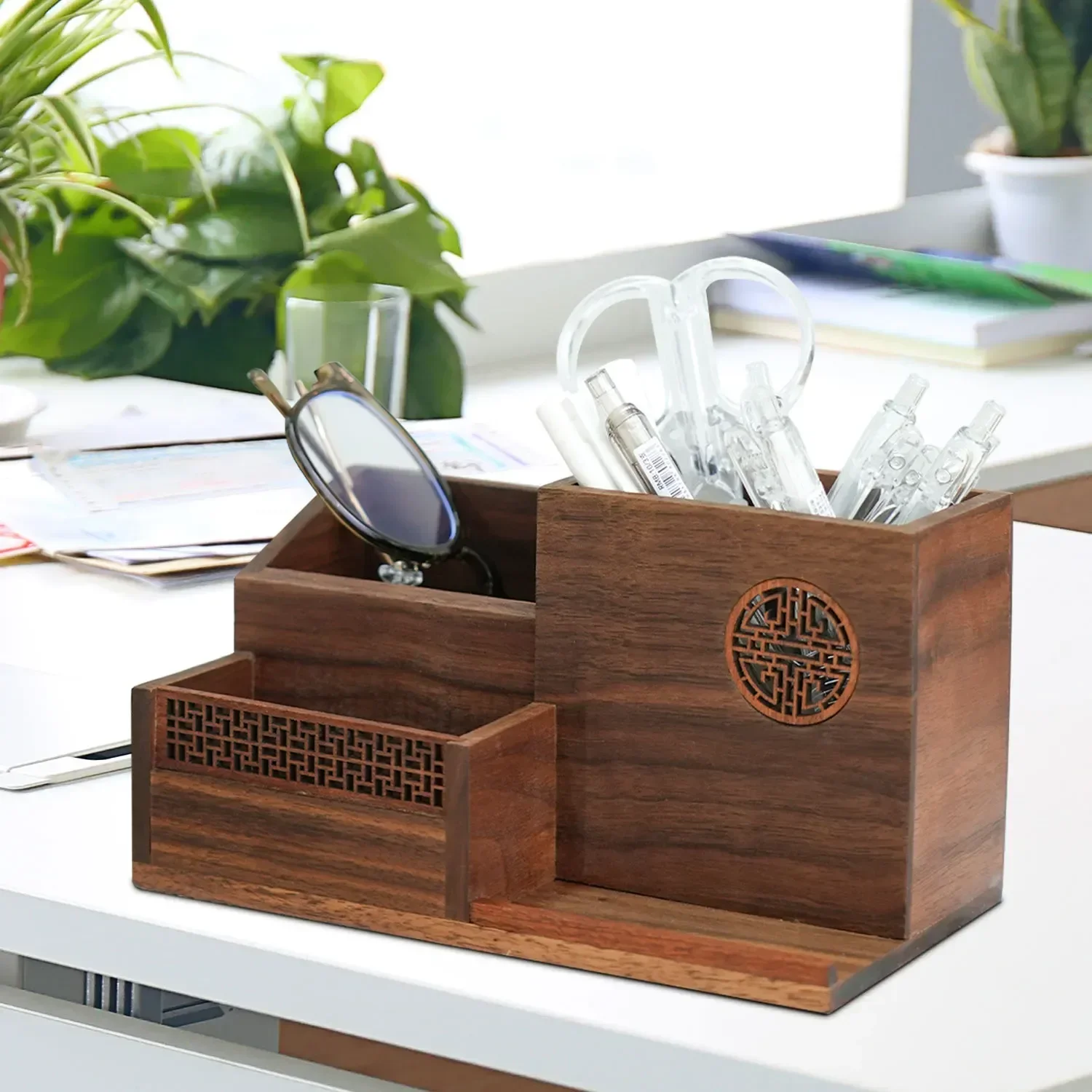 

Brush School, Office Black Holder Wood Pencil For Case Accessories Pen Wooden Makeup Walnut Desk Organizer Home, For