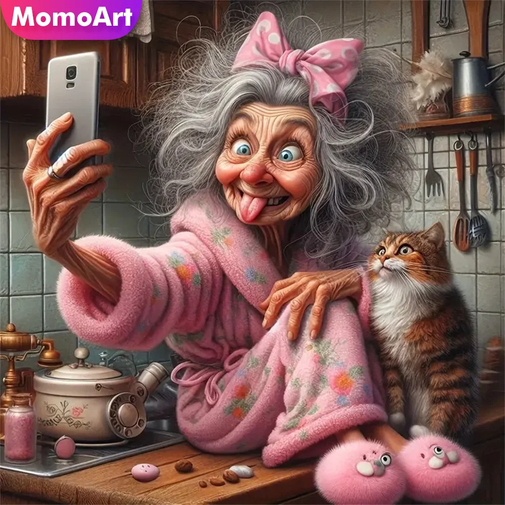 Momoart New Arrival Diamond Embroidery Old Woman Portrait DIY Painting Cartoon Mosaic Cat Suitable for Beginners Handicraft
