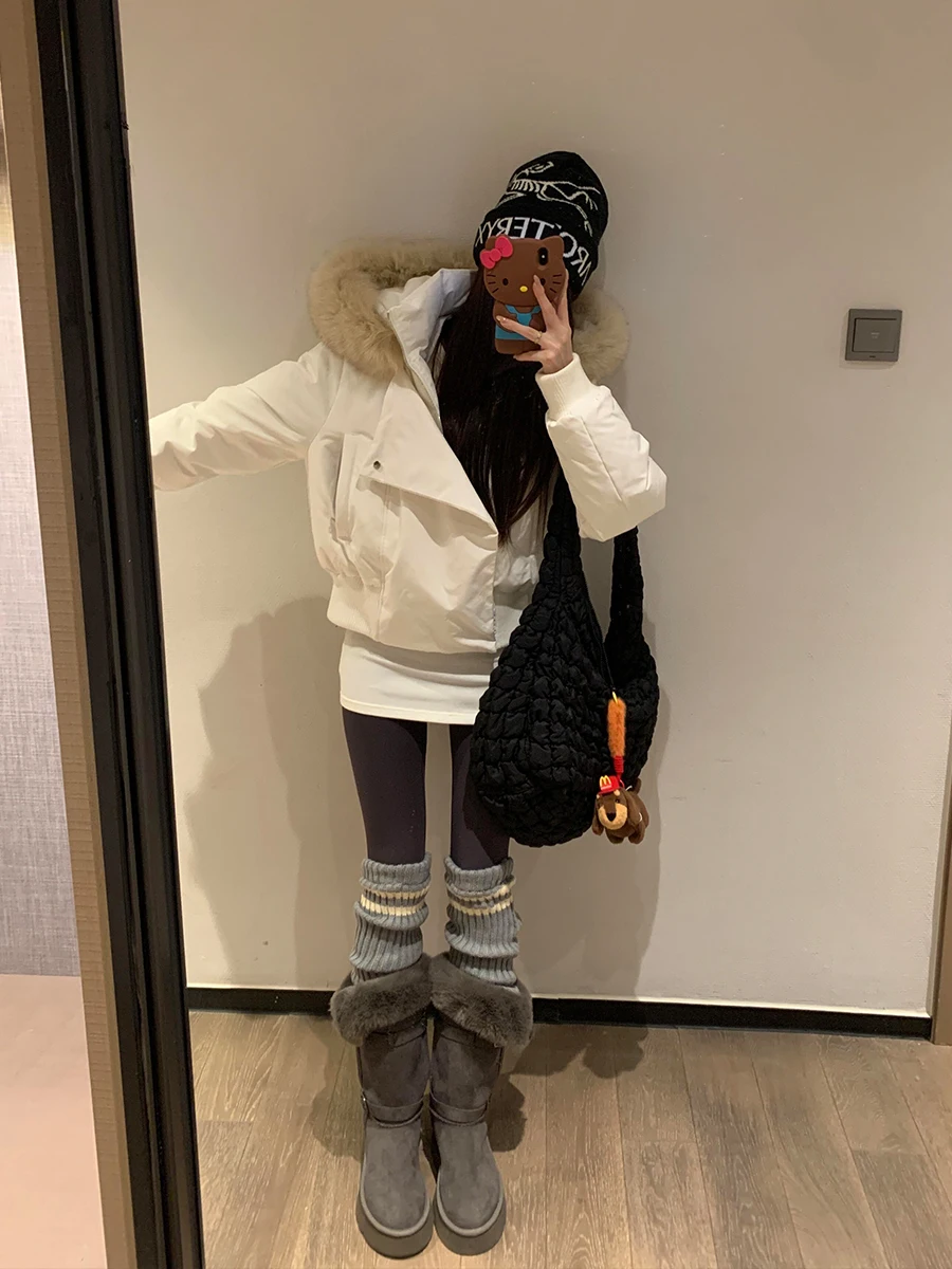 

White ort Hooded down Jaet Women's Thiened Winter Coat Fur Collar Warm Korean Sle Straight Cut Long Sve Zipper