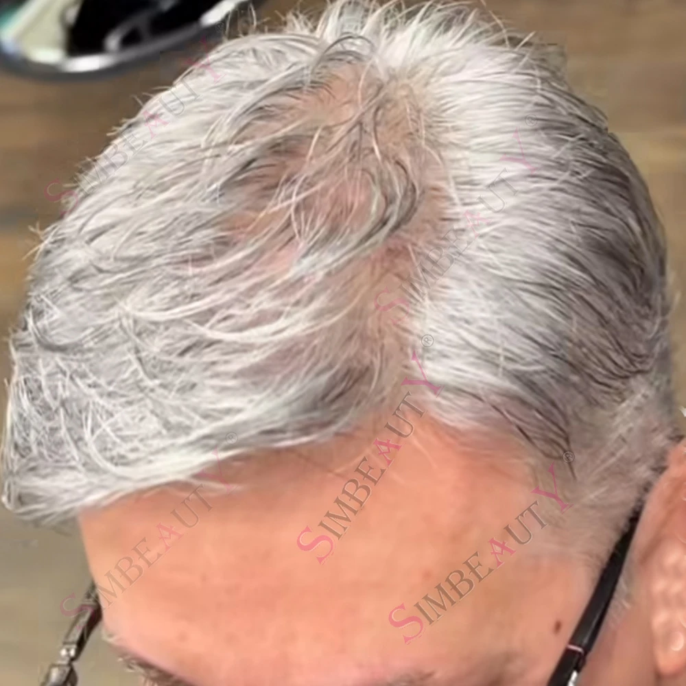 Undetectable Realistic Natural European Men Toupee 80%Density 0.02mm Ultra Thin Skin Old Man Human Hair Wig 1b80 White Grey Hair view 3