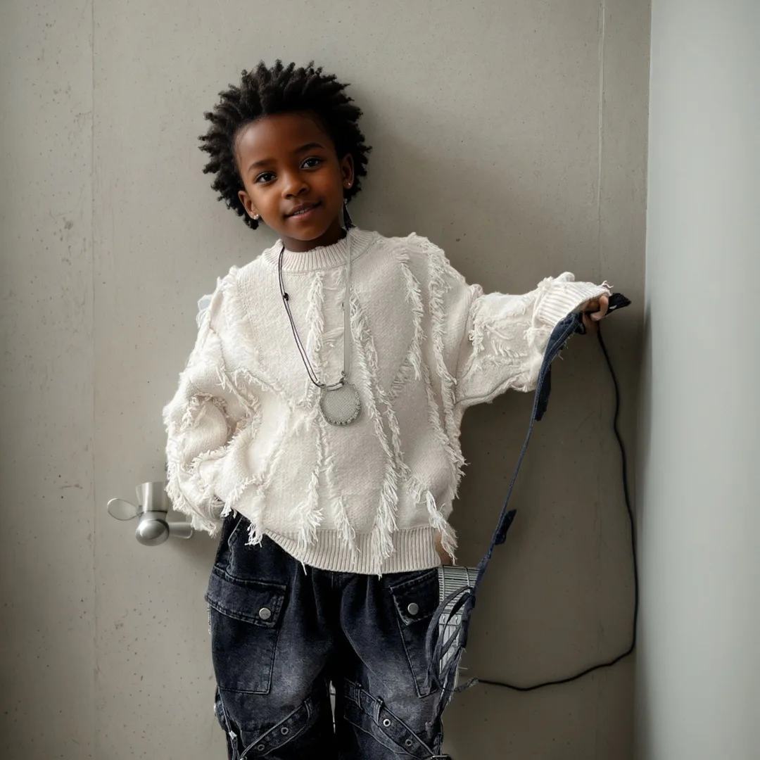 2026 Autumn Baby Boys Tassel Knit Sweaters Loose Knitwear Kids Clothes Winter Boys Round Neck Pullovers Soft Casual Top for Kids